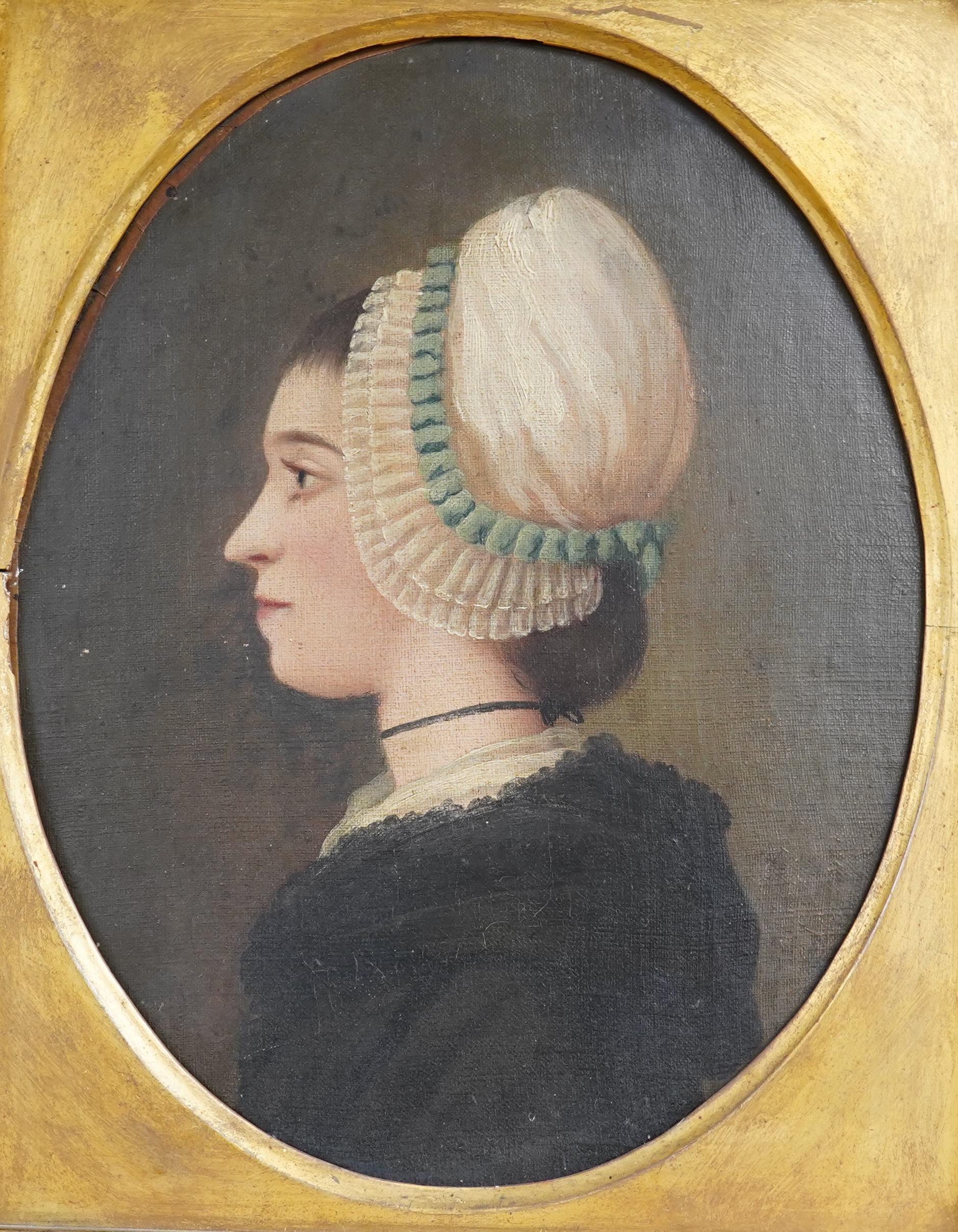 19th century English School, oval oil on canvas, Portrait of a lady, G.A. Rose Restoration label verso, 33 x 28cm, housed in applied shell design gilt frame. Condition - fair to good